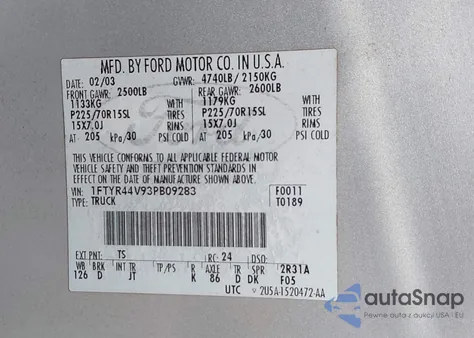 2003 Ford Ranger Edge/Tremor/Xlt z USA, uszkodzony, nr VIN 1FTYR44V93PB09283
